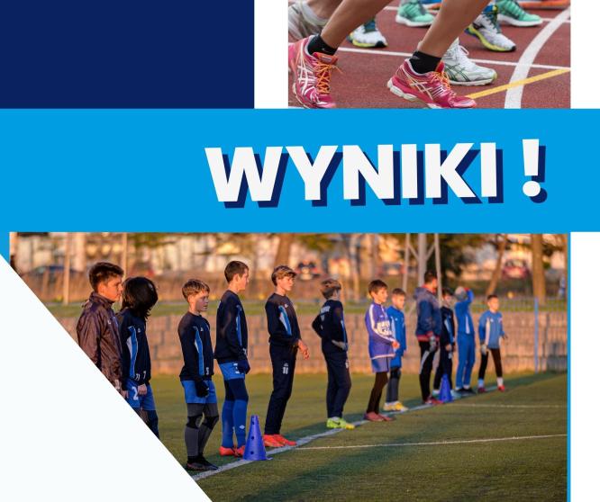 grupa dzieci w strojach sportowych, nad nimi napis wyniki