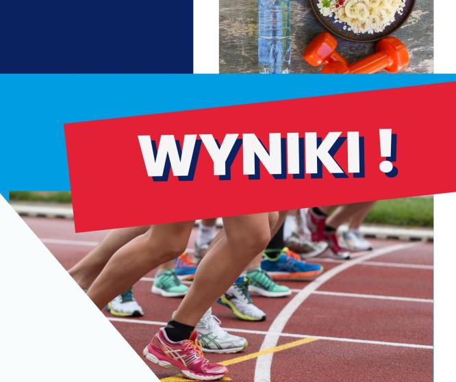 nogi w butach sportowych biegną po bieżni, nad nimi napis wyniki