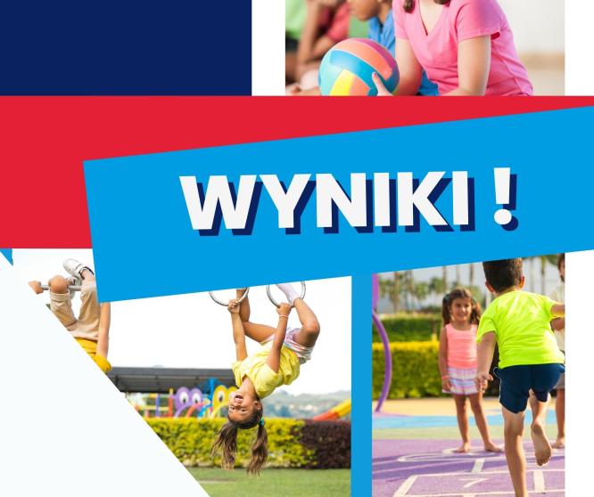 dzieci grające w klasy i bawiące się na trzepaku oraz napis wyniki